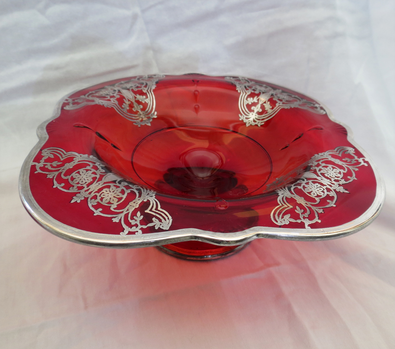 Mid Century Sterling Silver Overlay Red Ruby Glass Modernism